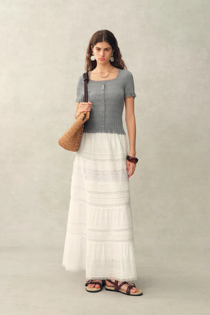Mia Pointelle Square Neck Short Sleeve Cardigan in Cotton Knit - Image 3