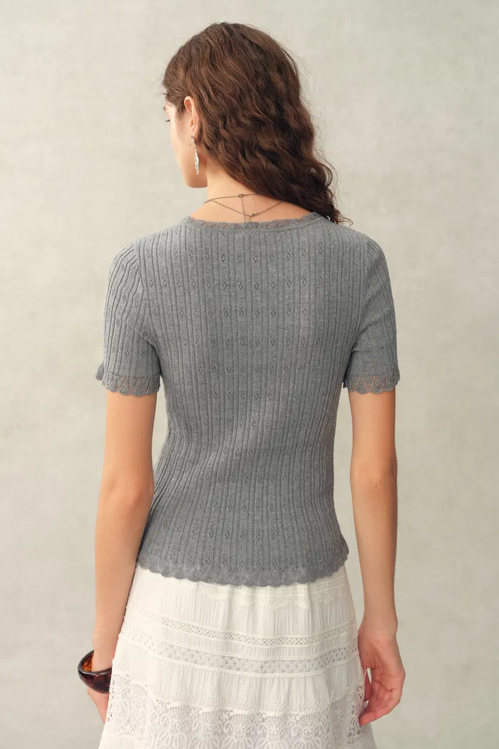 Mia Pointelle Square Neck Short Sleeve Cardigan in Cotton Knit - Image 4