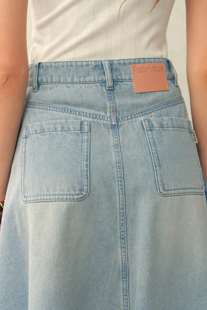 Michel Embossed Flowers Midi Skirt in Cotton Denim - Image 5