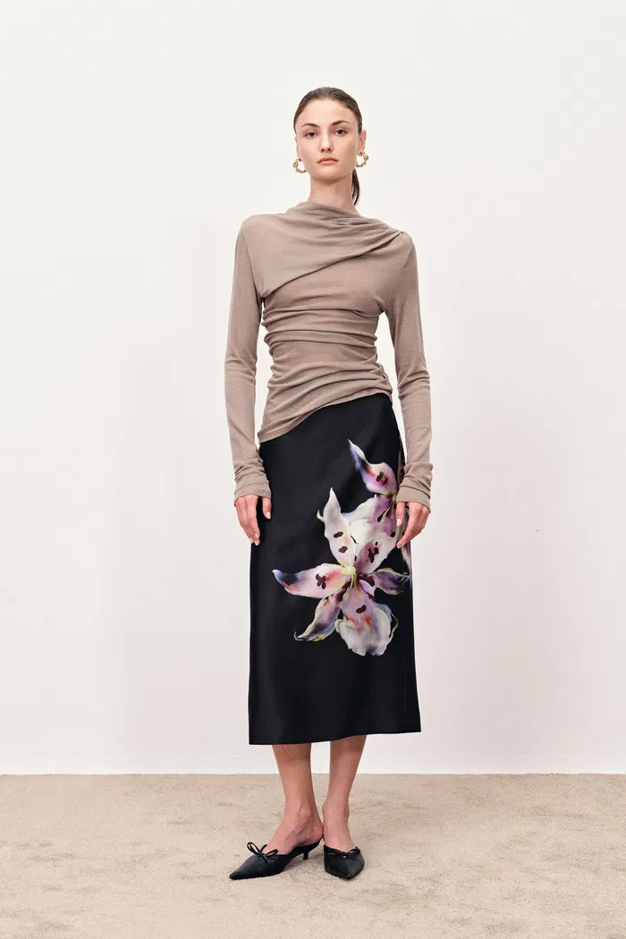 Miltonia Hand Painted Straight Skirt in Silk-Wool Satin - Image 2