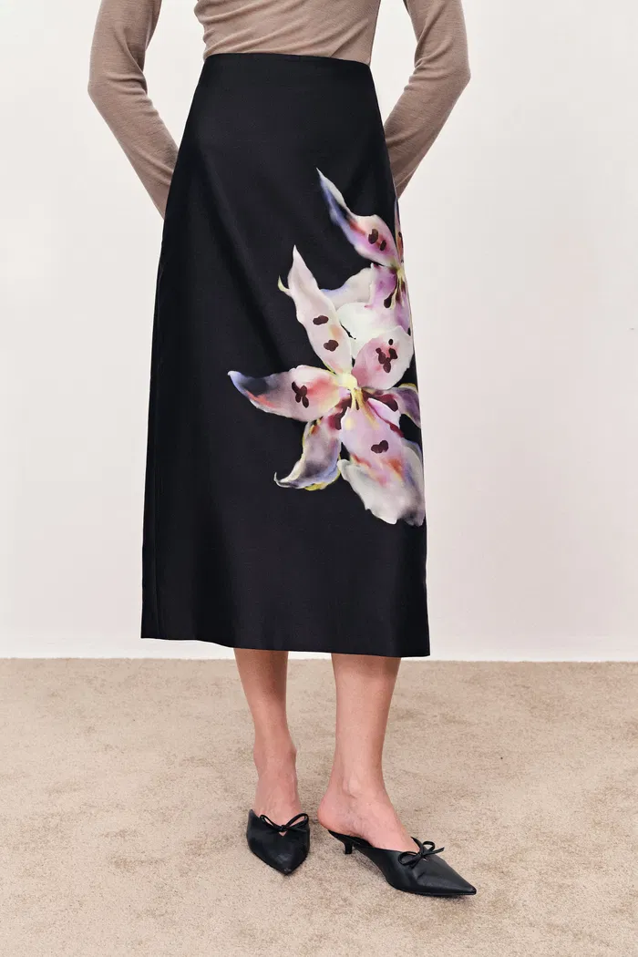Miltonia Hand Painted Straight Skirt in Silk-Wool Satin - Image 3