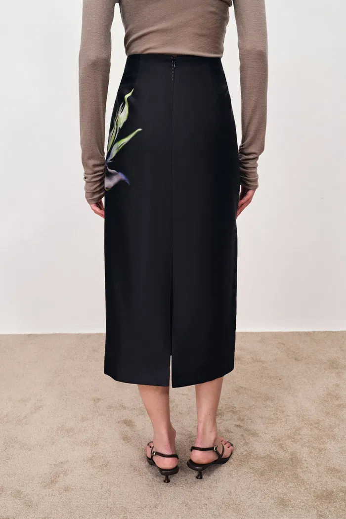 Miltonia Hand Painted Straight Skirt in Silk-Wool Satin - Image 4