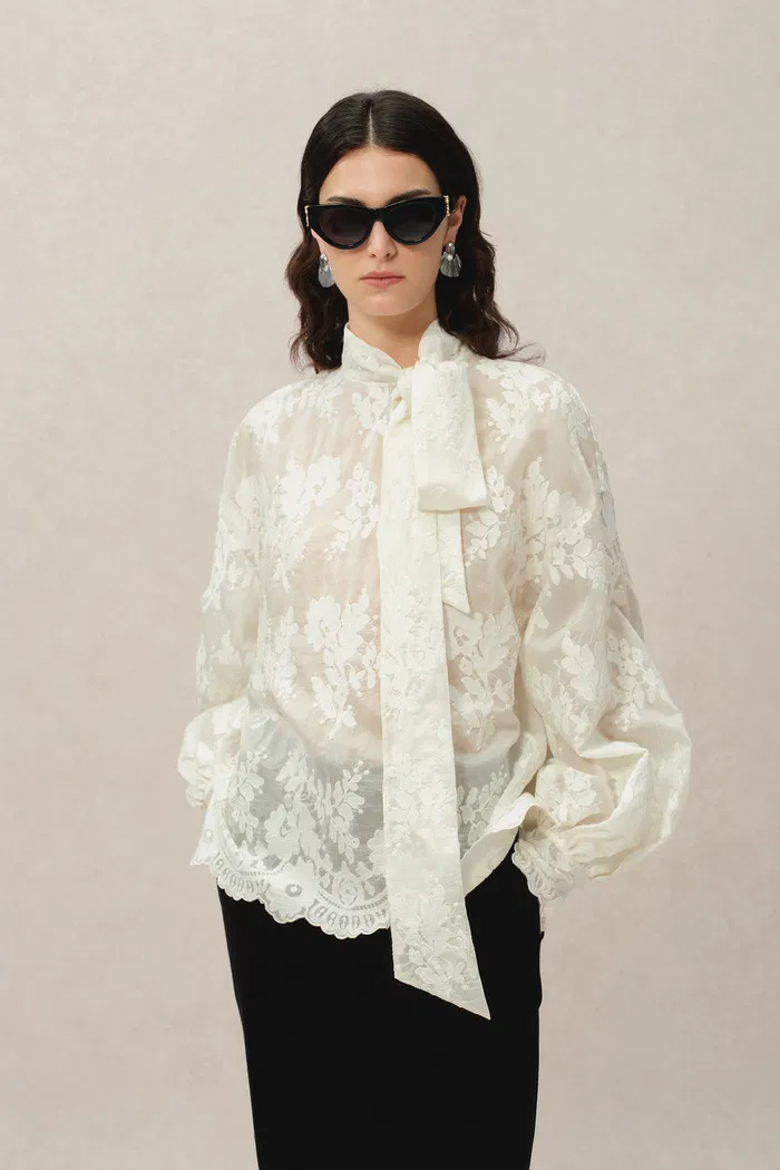 Mirta Tie-Neck Top in Embroidered Fine Mesh - Image 6