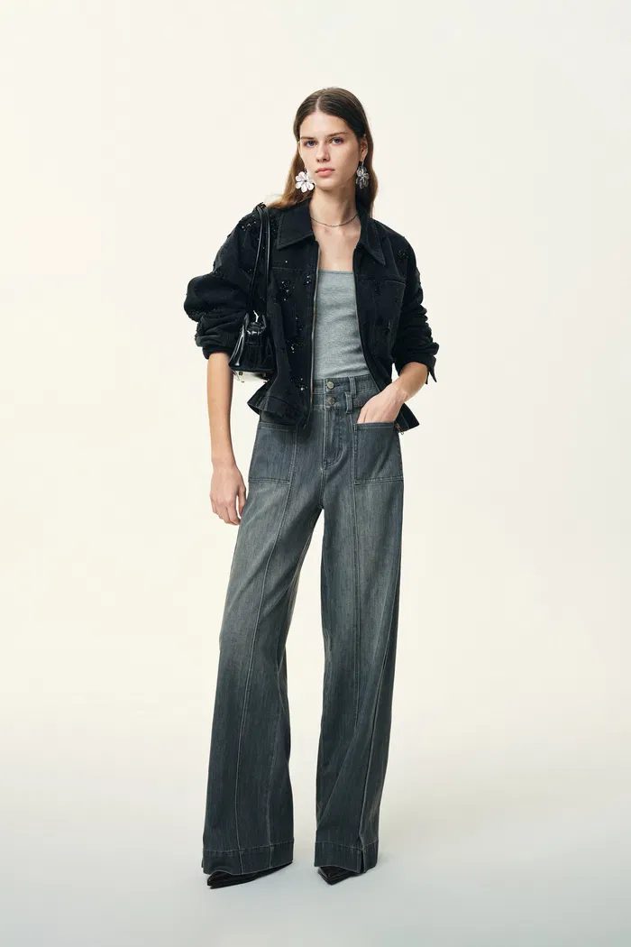Moss Smoky Grey 3D Wide Leg Jeans in Micro Stretchy Denim - Image 2