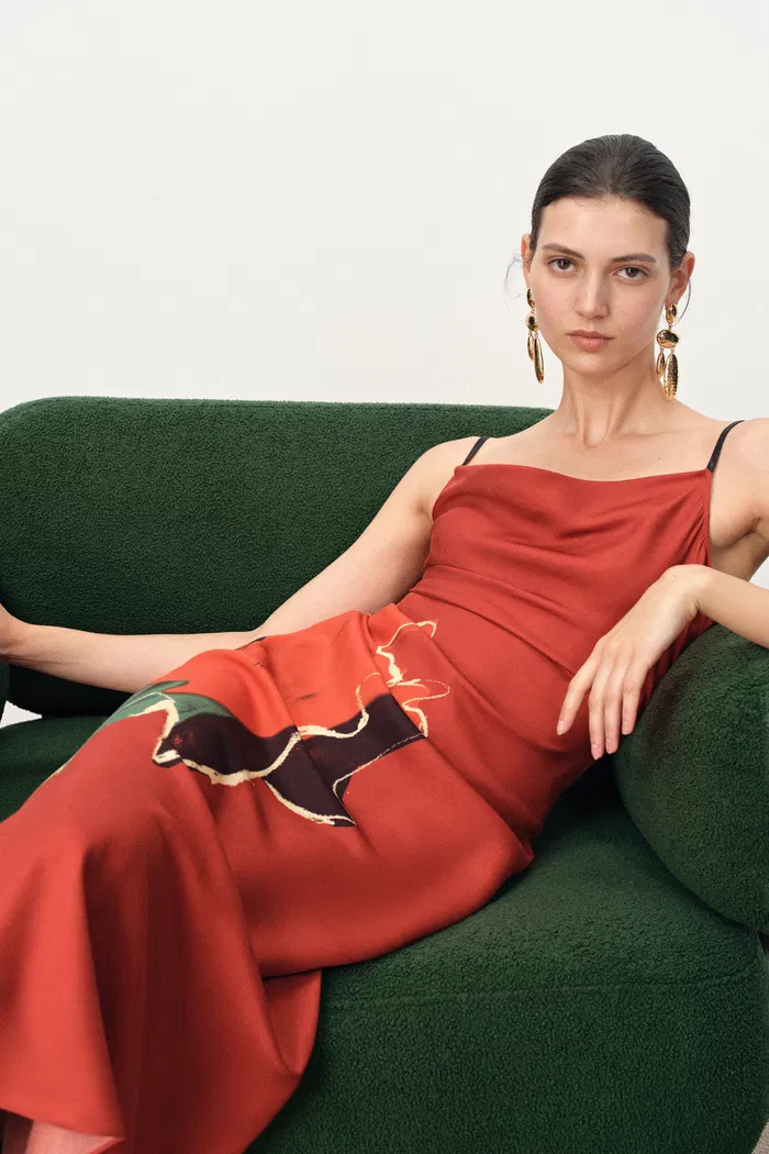 Nellie Hand Painted Printed Slip Dress in Silk Satin - Image 3