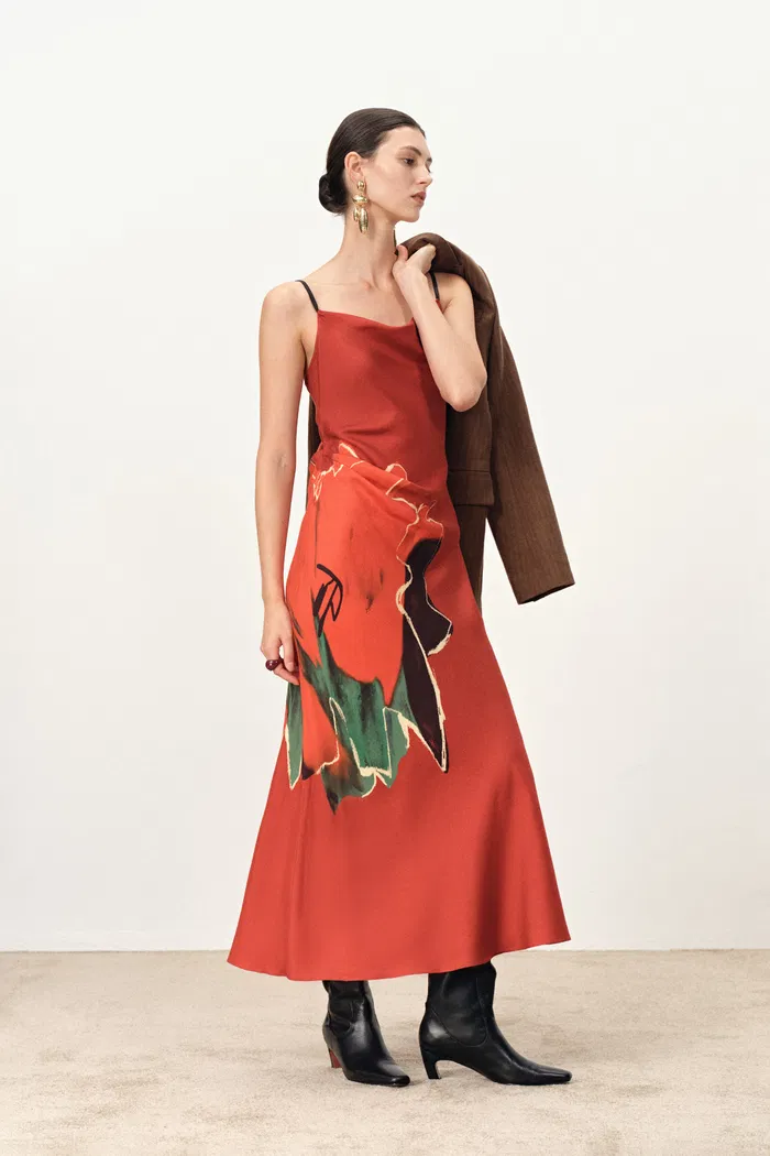 Nellie Hand Painted Printed Slip Dress in Silk Satin - Image 4