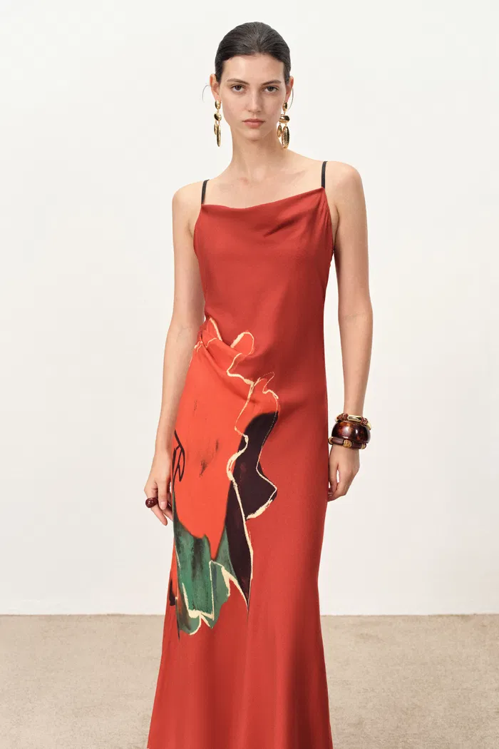 Nellie Hand Painted Printed Slip Dress in Silk Satin - Image 5