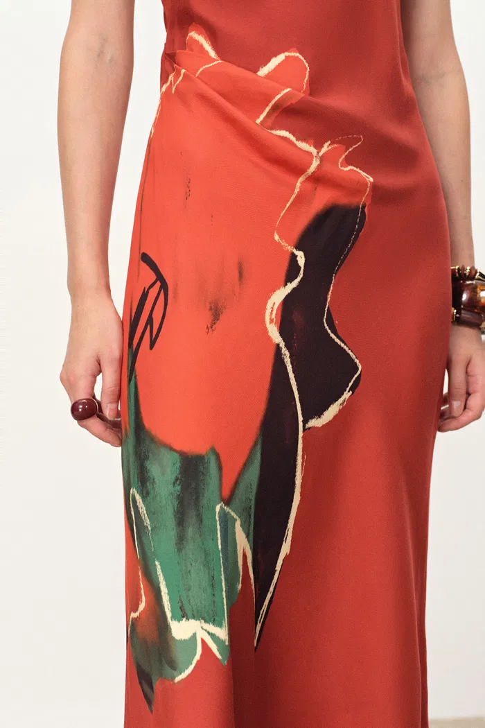 Nellie Hand Painted Printed Slip Dress in Silk Satin - Image 6