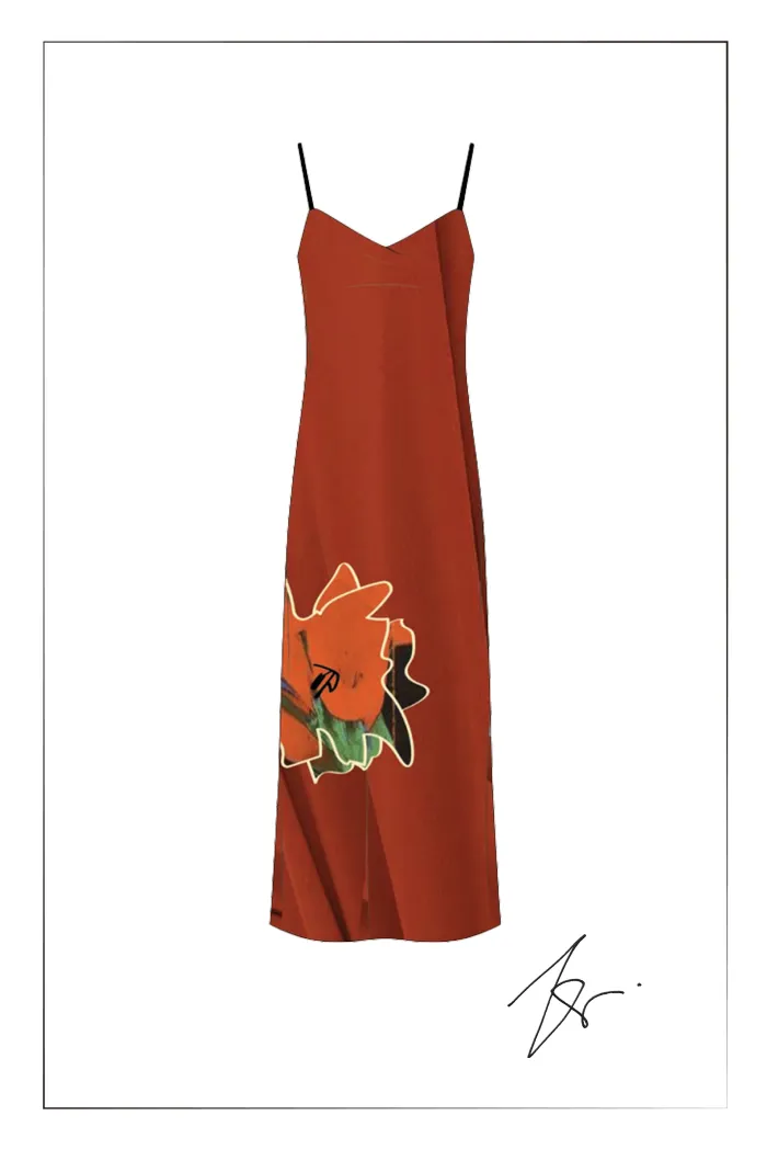 Nellie Hand Painted Printed Slip Dress in Silk Satin - Image 7