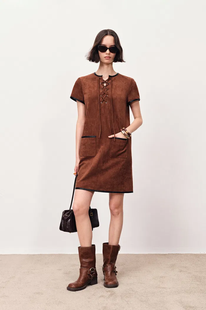 Nevaeh Hand Applied Contrast Leather Trim Short Dress in Ultrasuede - Image 3