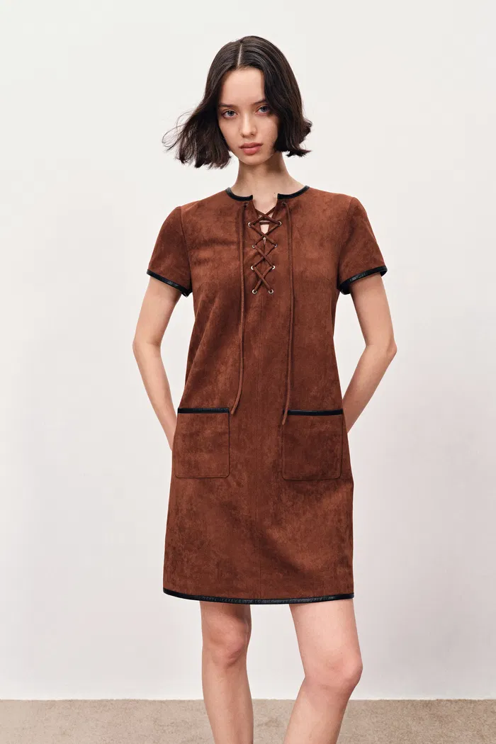 Nevaeh Hand Applied Contrast Leather Trim Short Dress in Ultrasuede - Image 4