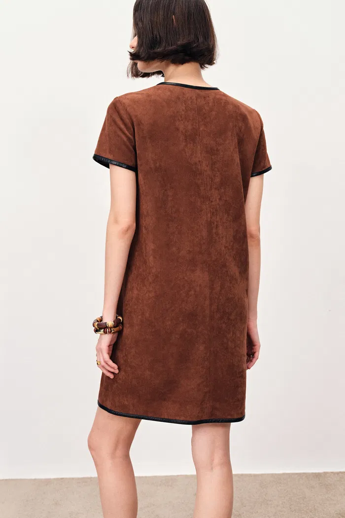 Nevaeh Hand Applied Contrast Leather Trim Short Dress in Ultrasuede - Image 5