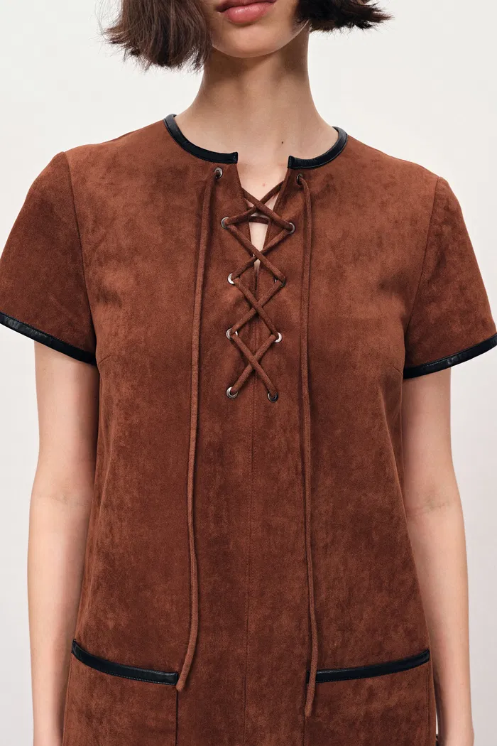 Nevaeh Hand Applied Contrast Leather Trim Short Dress in Ultrasuede - Image 6