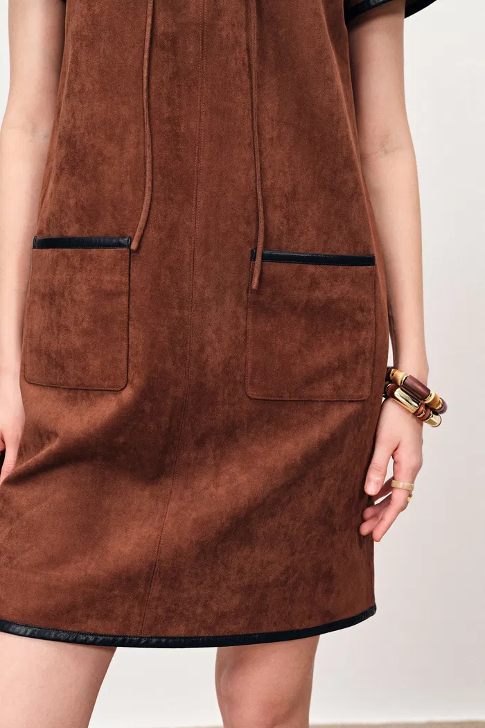 Nevaeh Hand Applied Contrast Leather Trim Short Dress in Ultrasuede - Image 7