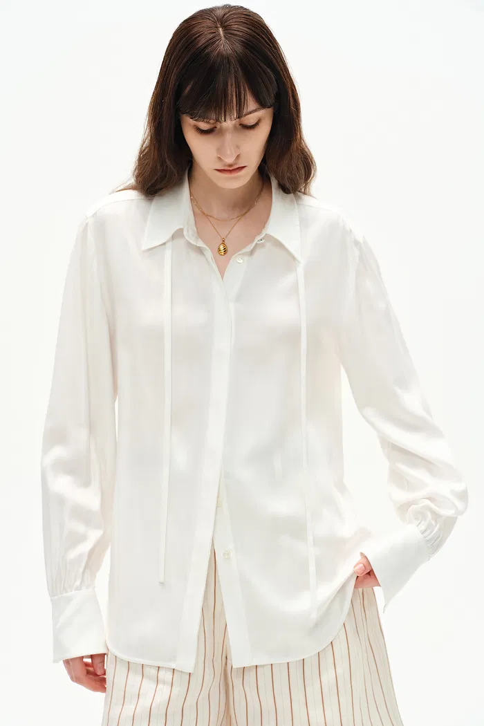 Nicole Tie Neck Shirt in Matte Mulberry Silk Blend - Image 7