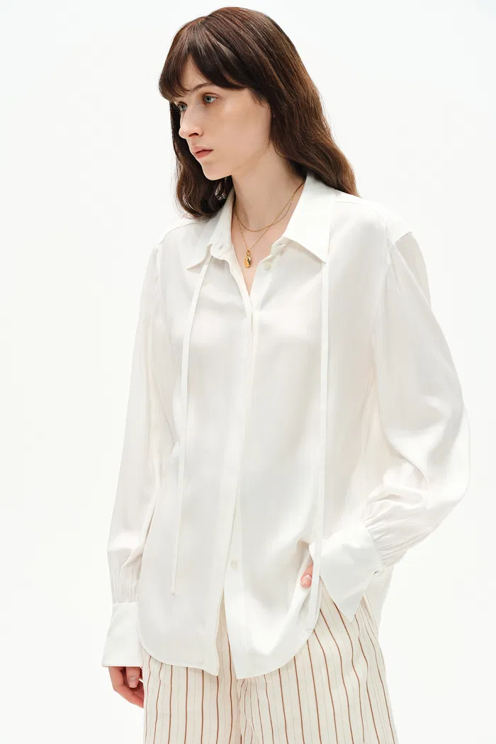 Nicole Tie Neck Shirt in Matte Mulberry Silk Blend - Image 9