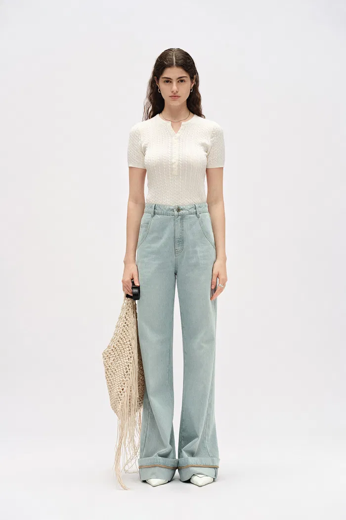 Nîmes Embroidered Wide Leg Jeans in Cotton Denim - Image 3