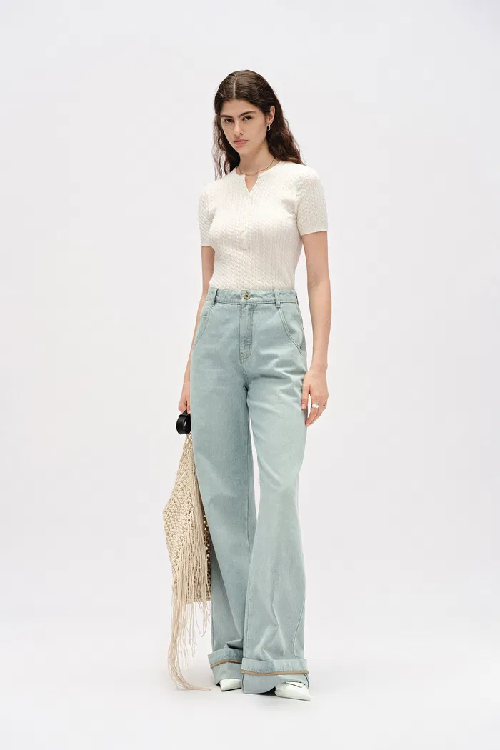Nîmes Embroidered Wide Leg Jeans in Cotton Denim - Image 4