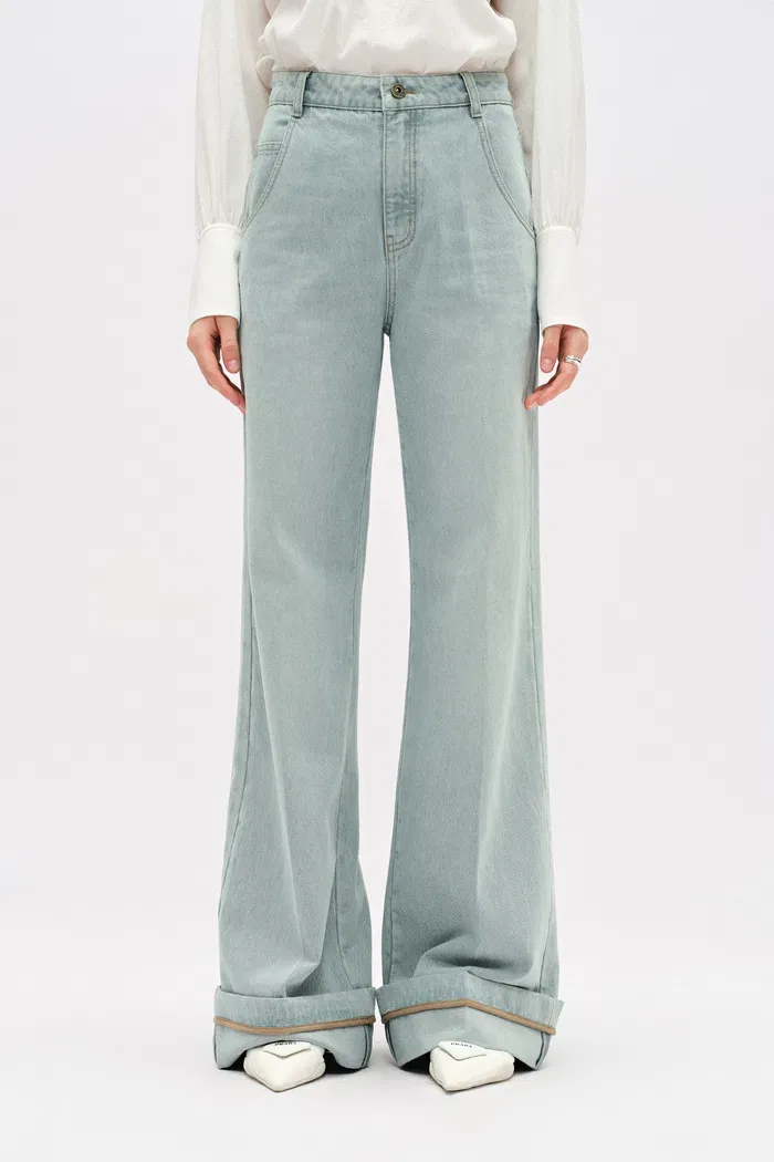 Nîmes Embroidered Wide Leg Jeans in Cotton Denim - Image 7