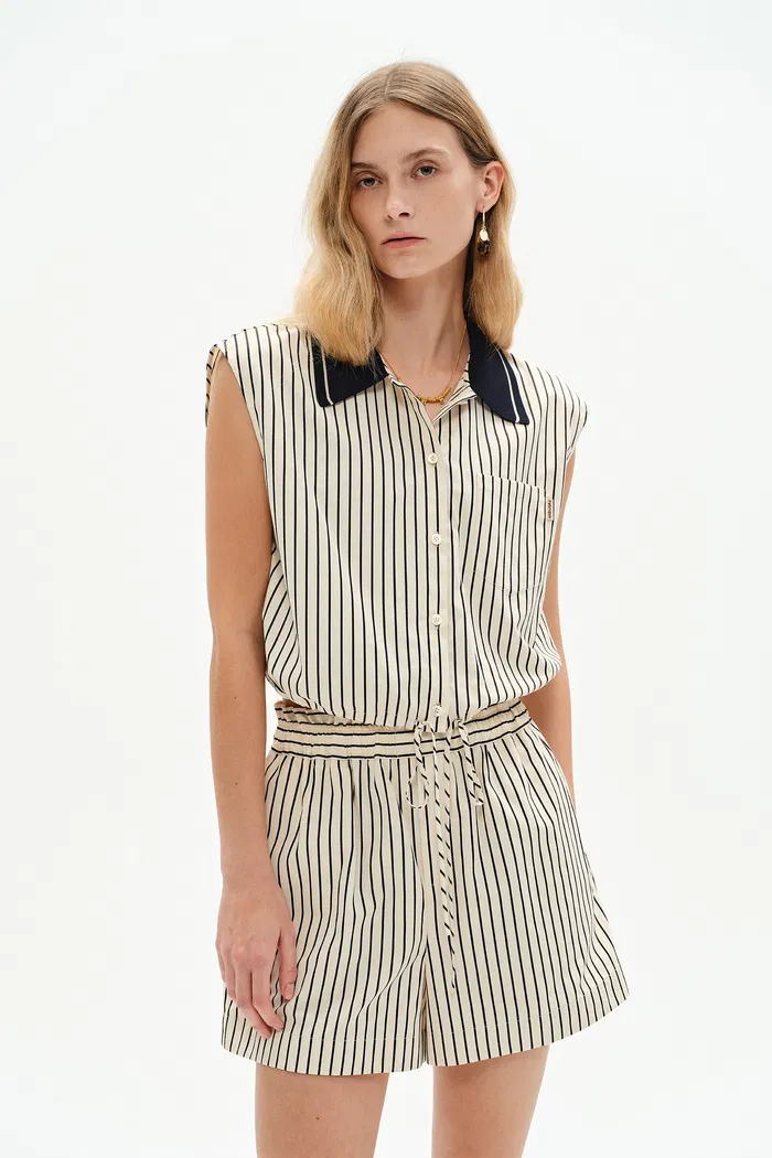 Nino Contrast Collar Sleeveless Shirt Top and Short Matching Set in Cotton Poplin - Image 3
