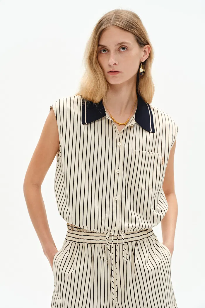 Nino Contrast Collar Sleeveless Shirt Top and Short Matching Set in Cotton Poplin - Image 5