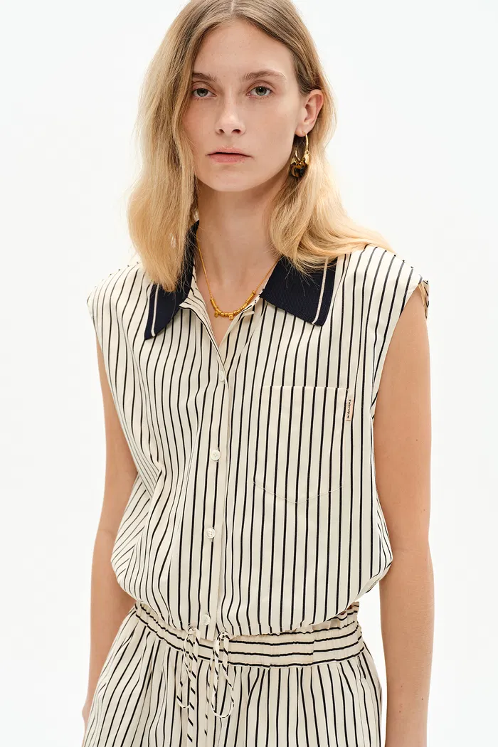 Nino Contrast Collar Sleeveless Shirt Top and Short Matching Set in Cotton Poplin - Image 6