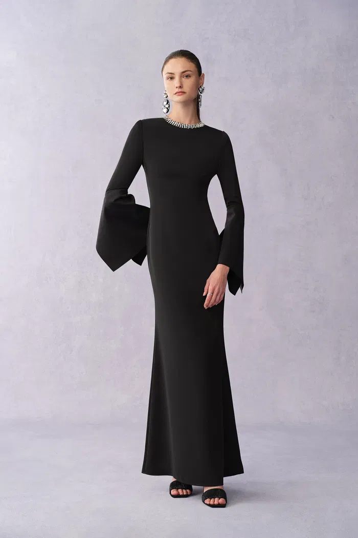 Nokta Hand Sewn Rhinestone Collar Maxi Dress in Linen Style Suiting - Image 3