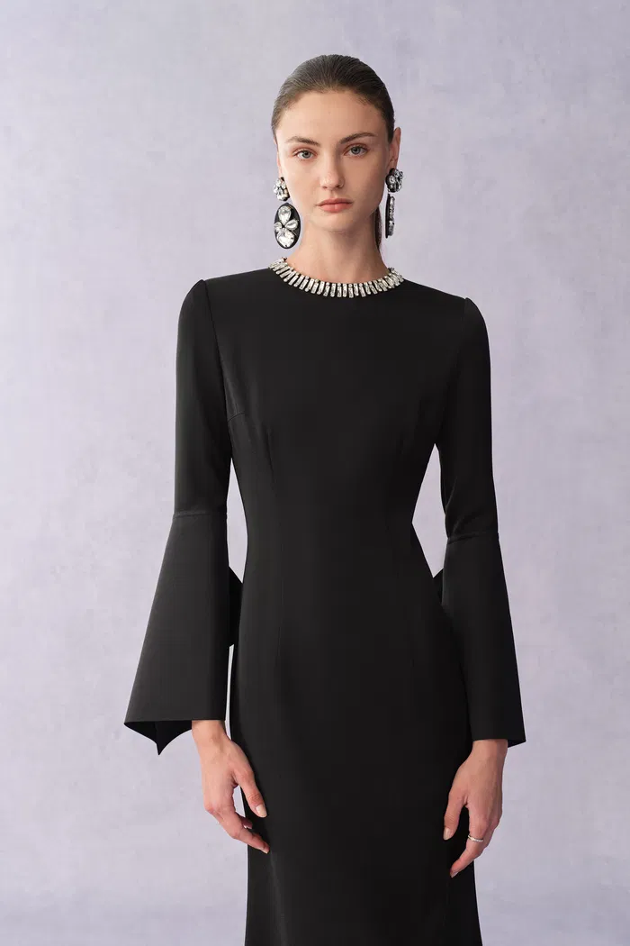 Nokta Hand Sewn Rhinestone Collar Maxi Dress in Linen Style Suiting - Image 4