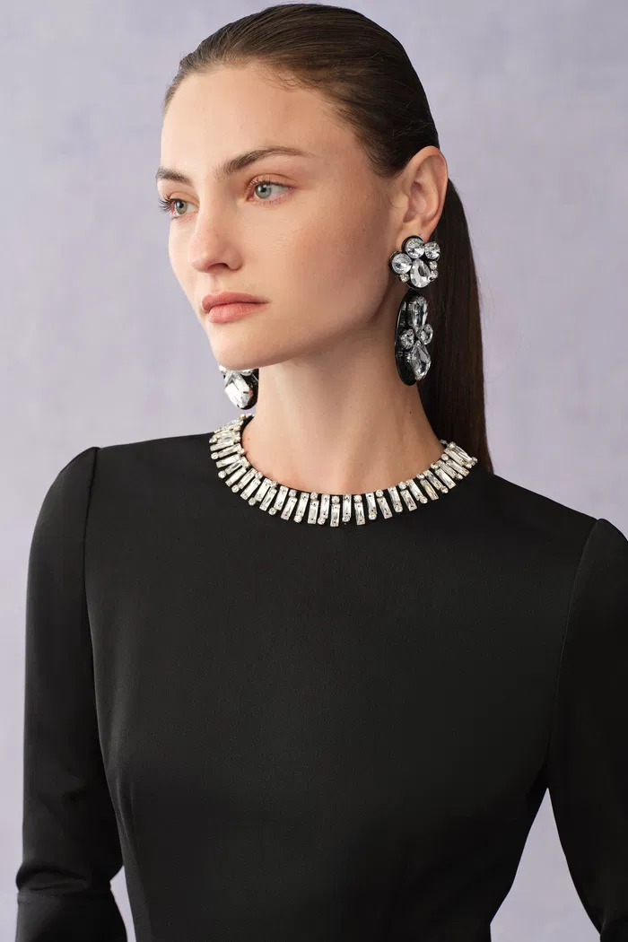 Nokta Hand Sewn Rhinestone Collar Maxi Dress in Linen Style Suiting - Image 5