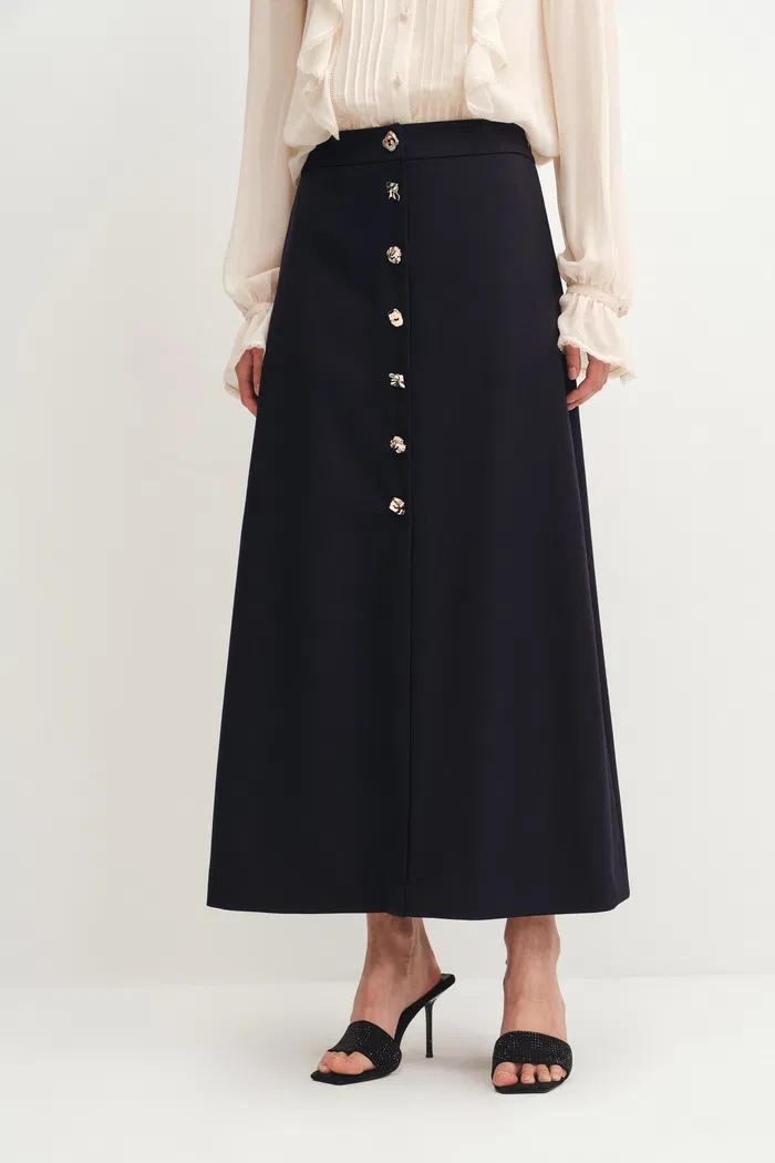 Nora Buttoned Up A-Line Skirt in Australian Merino Wool - Image 3