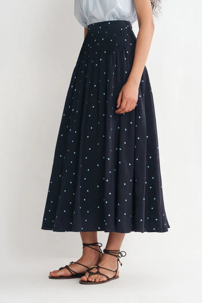 Nora Polka Dot Skirt in Linen Blend - Deep Wash - Image 3