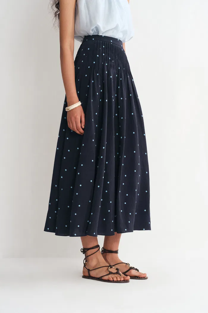 Nora Polka Dot Skirt in Linen Blend - Deep Wash - Image 4