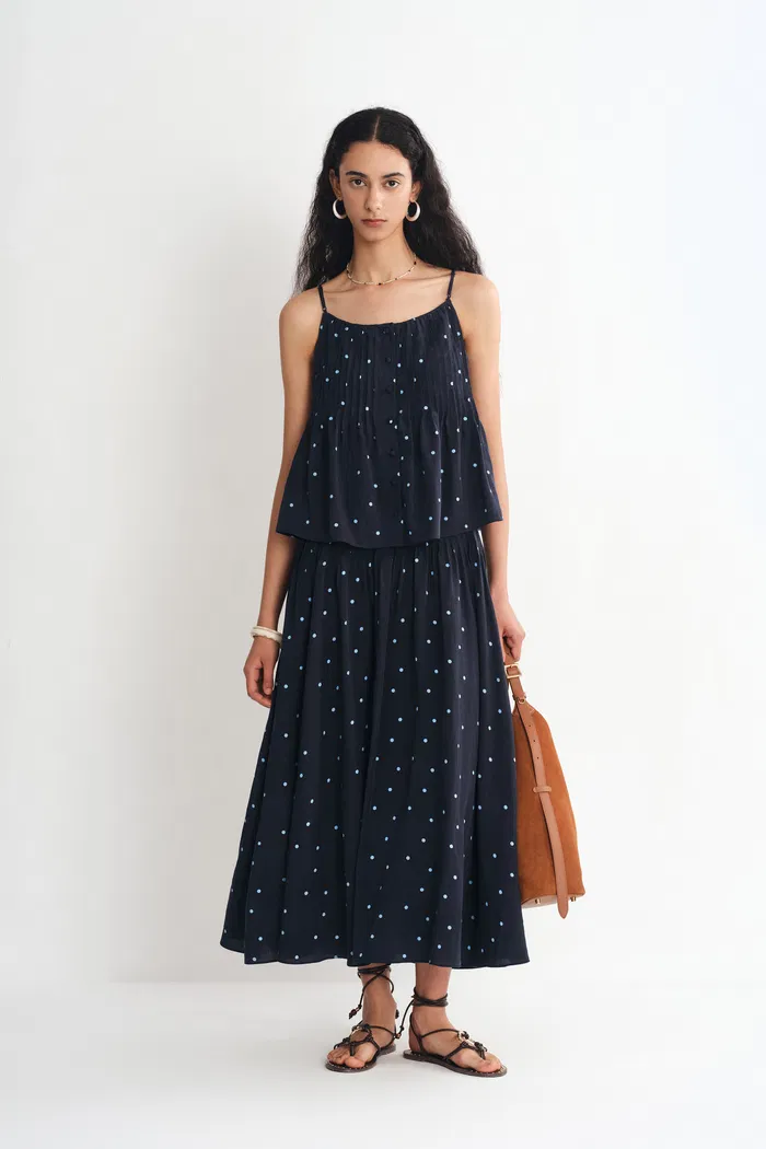 Nora Polka Dot Skirt in Linen Blend - Deep Wash - Image 7