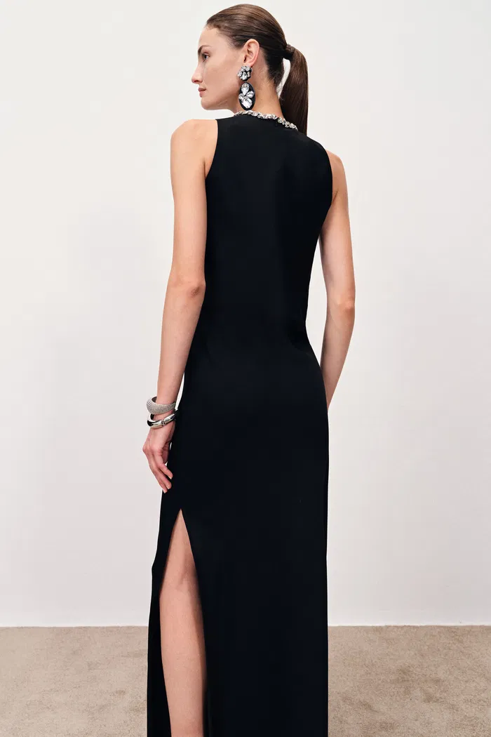 Odette Round Neck Hand Sewn Rhinestone Dress in Wrinkle-Resistant Fabric - Image 2
