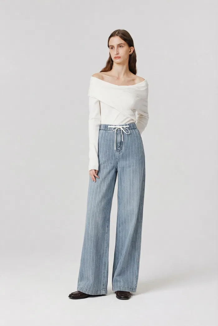 Olive Elastic Waist Straight Jeans in Striped Cotton Denim - Image 2