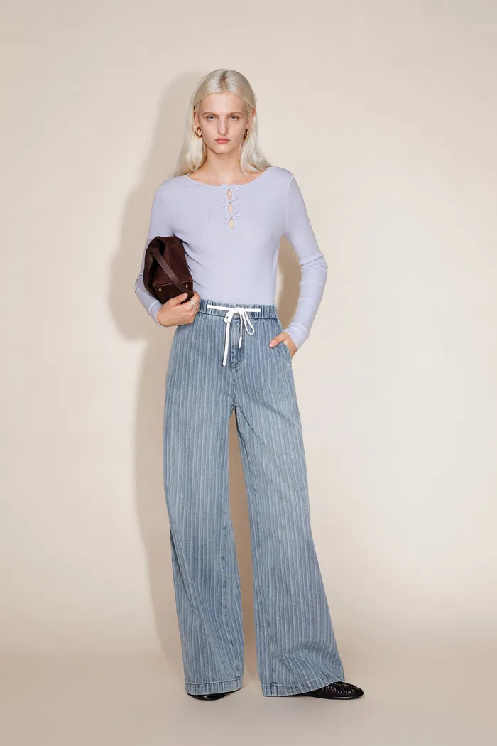 Olive Elastic Waist Straight Jeans in Striped Cotton Denim - Image 3