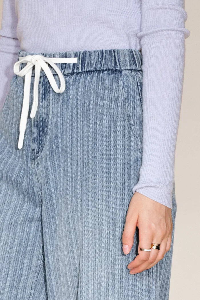 Olive Elastic Waist Straight Jeans in Striped Cotton Denim - Image 6