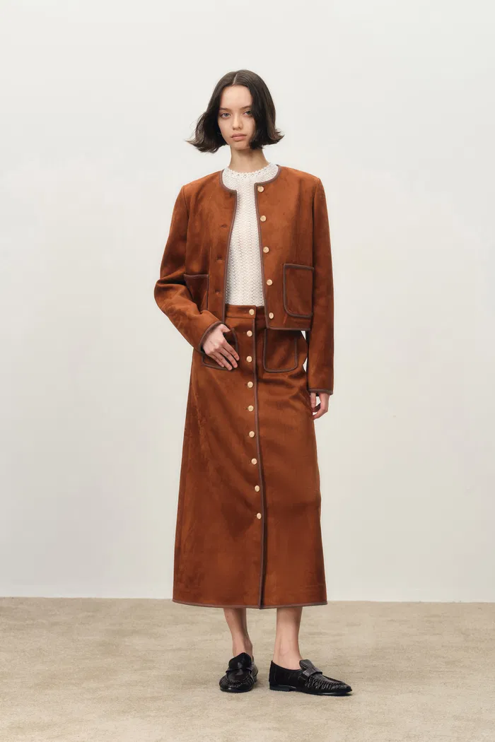 Olivia Contrast Trim Jacket and Skirt Matching Set in Faux Suede