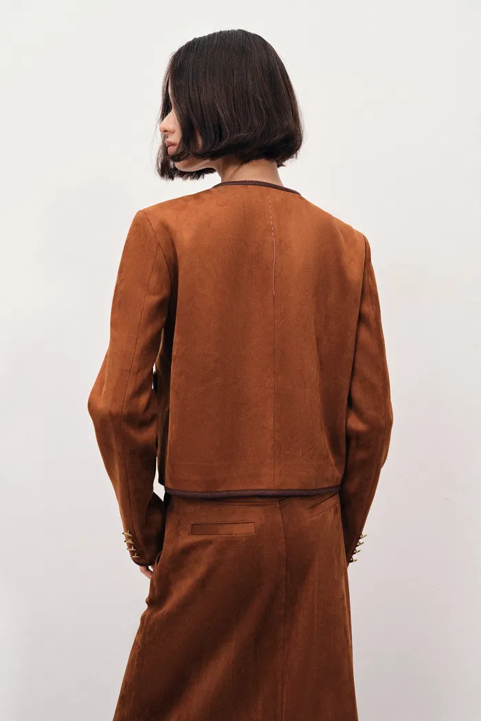 Olivia Contrast Trim Jacket and Skirt Matching Set in Faux Suede - Image 4
