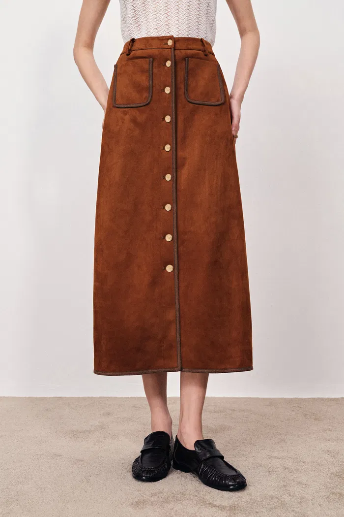 Olivia Contrast Trim Jacket and Skirt Matching Set in Faux Suede - Image 5