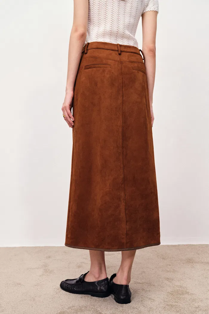 Olivia Contrast Trim Jacket and Skirt Matching Set in Faux Suede - Image 6
