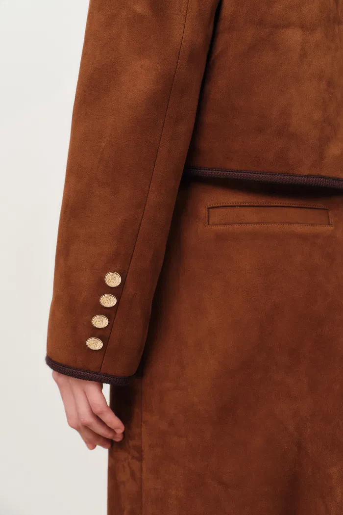 Olivia Contrast Trim Jacket and Skirt Matching Set in Faux Suede - Image 7