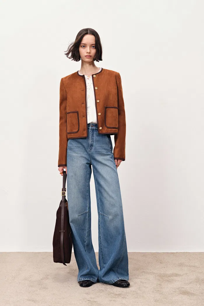Olivia Contrast Trim Jacket in Faux Suede - Image 3