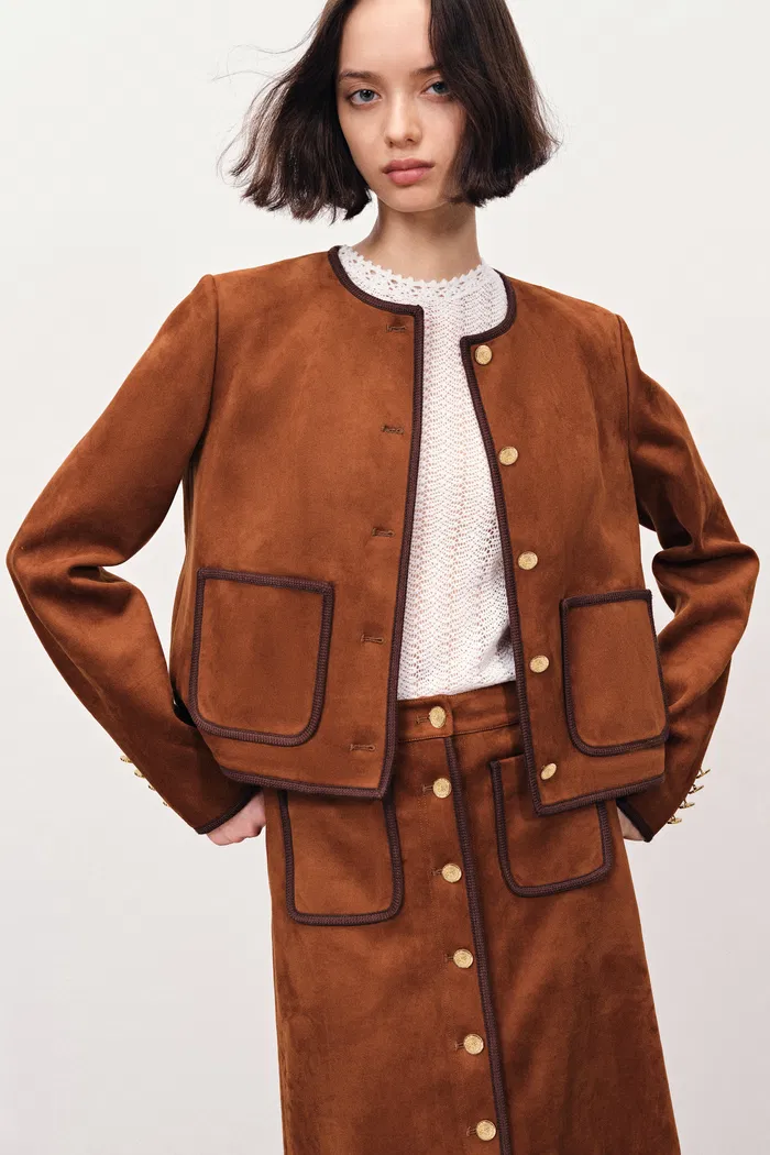 Olivia Contrast Trim Jacket in Faux Suede - Image 4