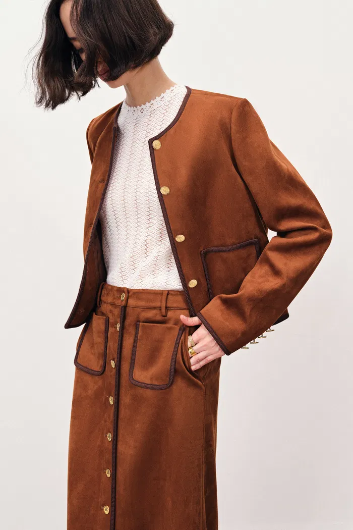 Olivia Contrast Trim Jacket in Faux Suede - Image 5
