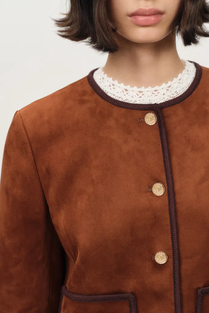 Olivia Contrast Trim Jacket in Faux Suede - Image 7