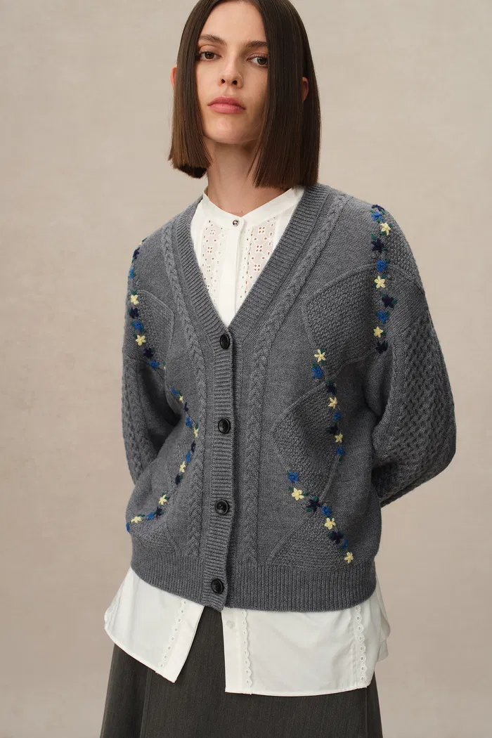 Olivia Floral Cable Cardigan in Merino Wool Cable Knit - Image 2