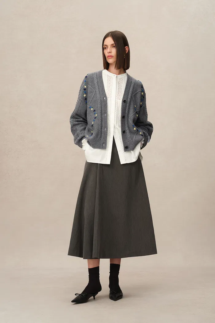 Olivia Floral Cable Cardigan in Merino Wool Cable Knit - Image 3