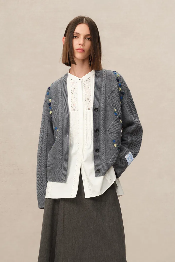 Olivia Floral Cable Cardigan in Merino Wool Cable Knit - Image 4
