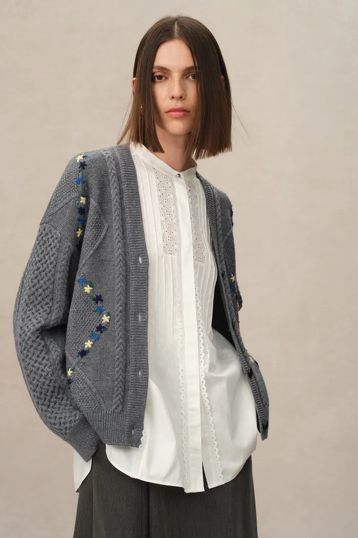 Olivia Floral Cable Cardigan in Merino Wool Cable Knit - Image 5